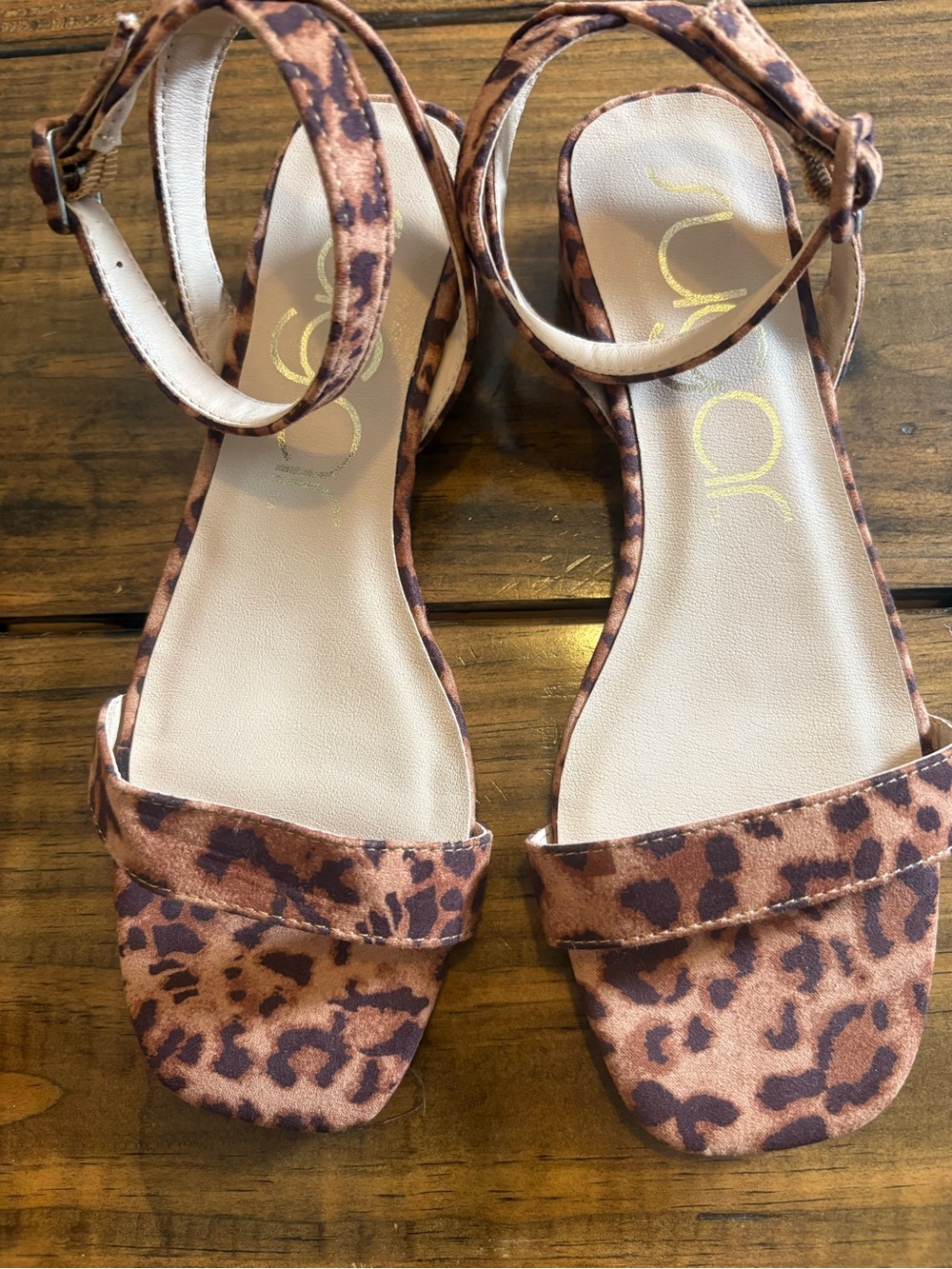 JLO Jennifer Lopez Leopard Print Ankle Strap Block Heel Sandals